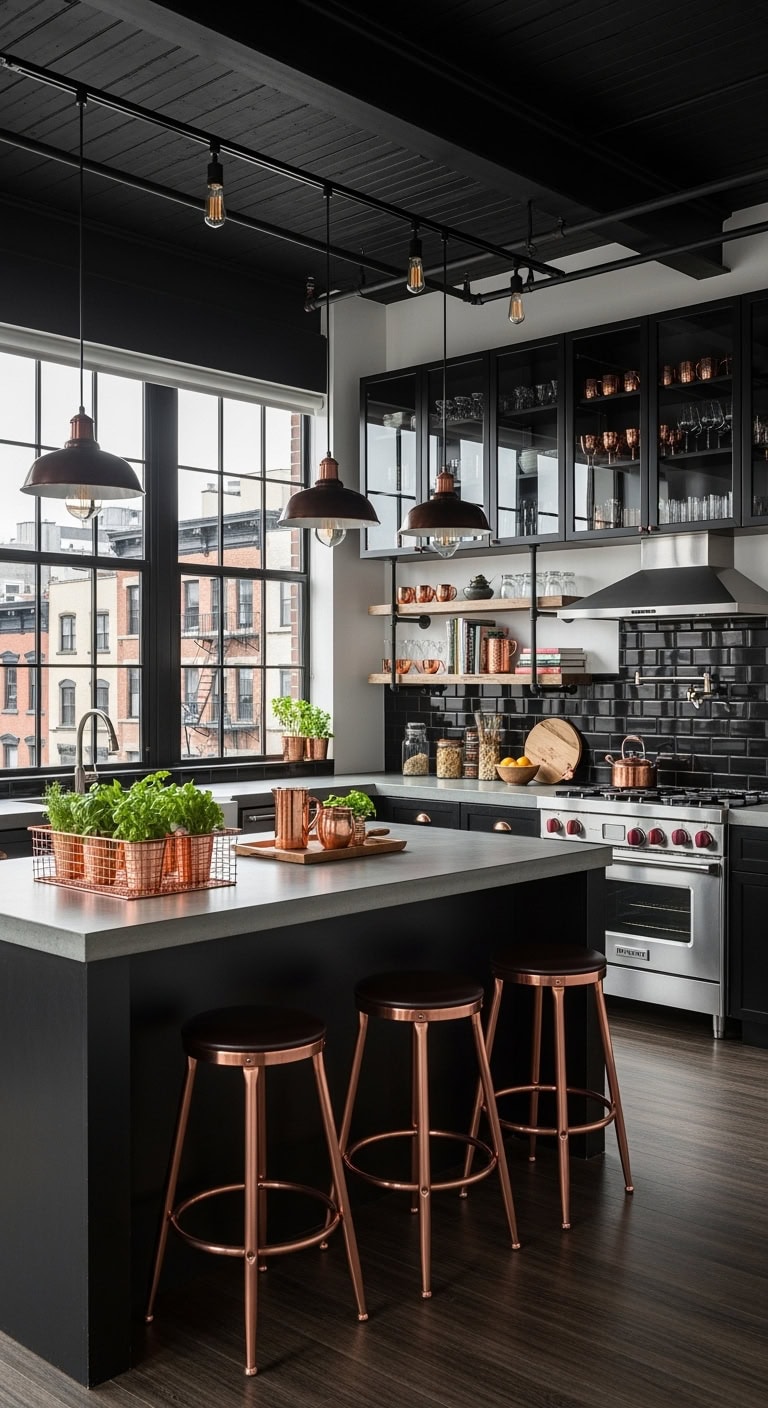 industrial black and copper loft