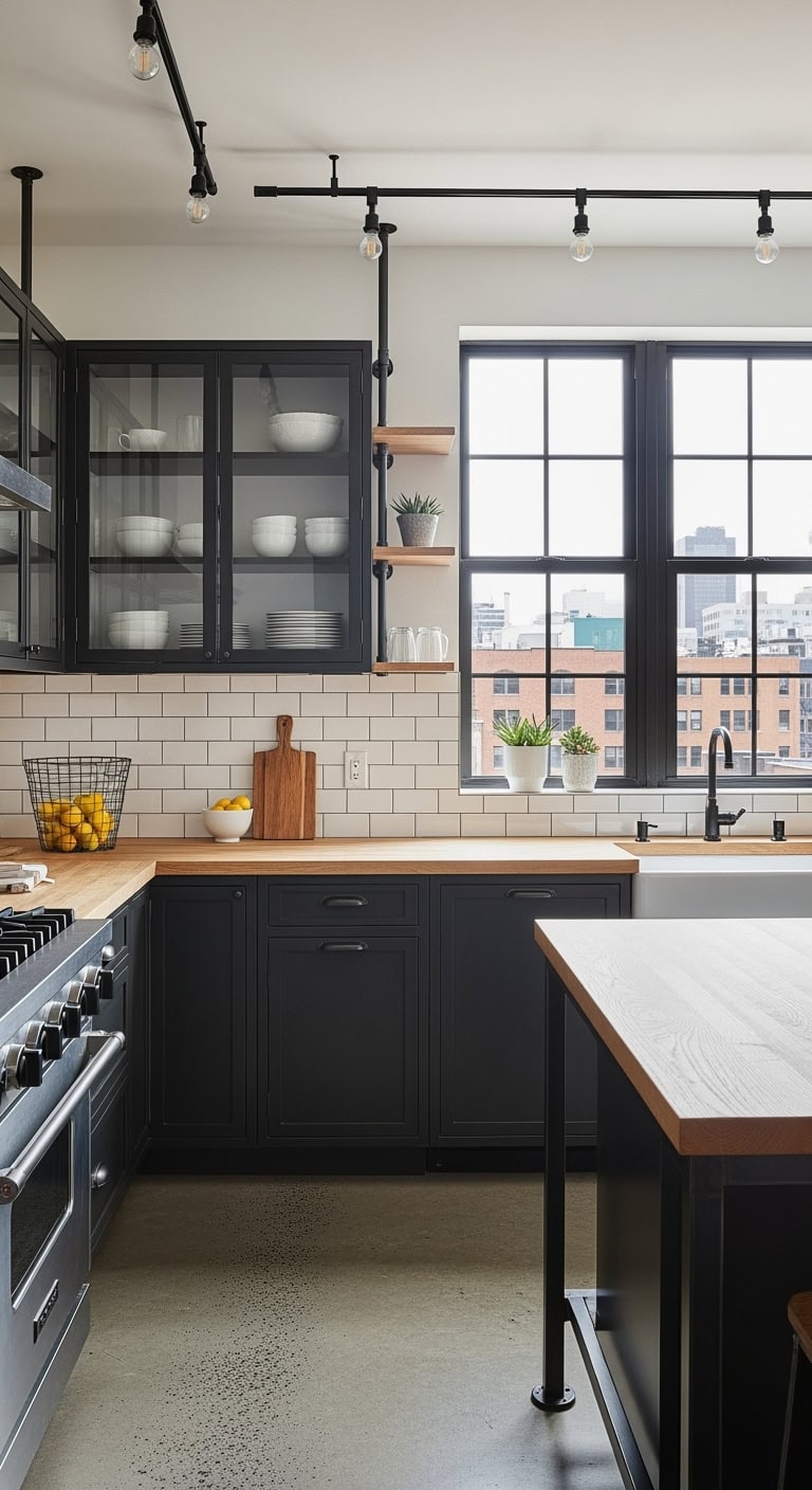 industrial black and oak kitchen