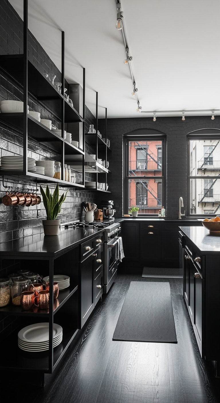 industrial black brick kitchen