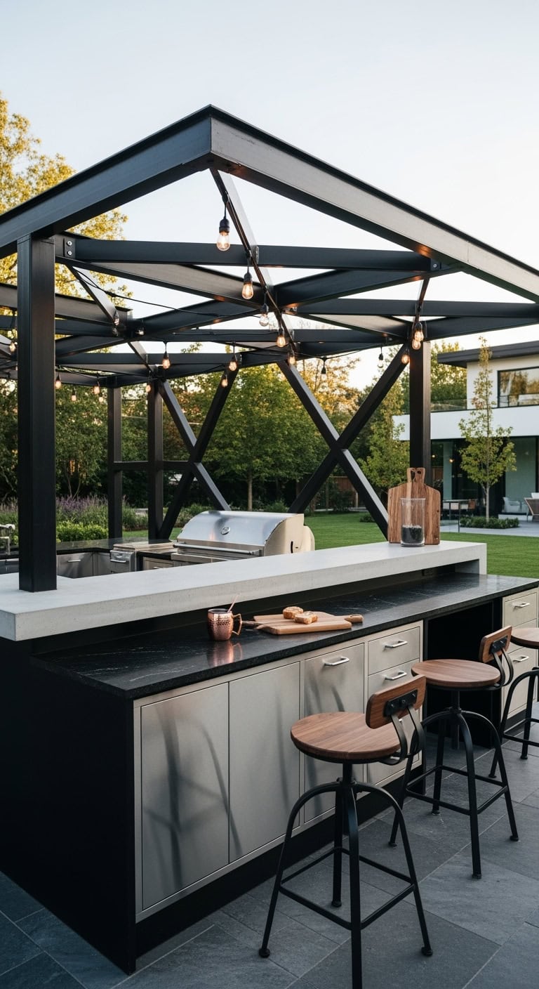 industrial black steel pergola