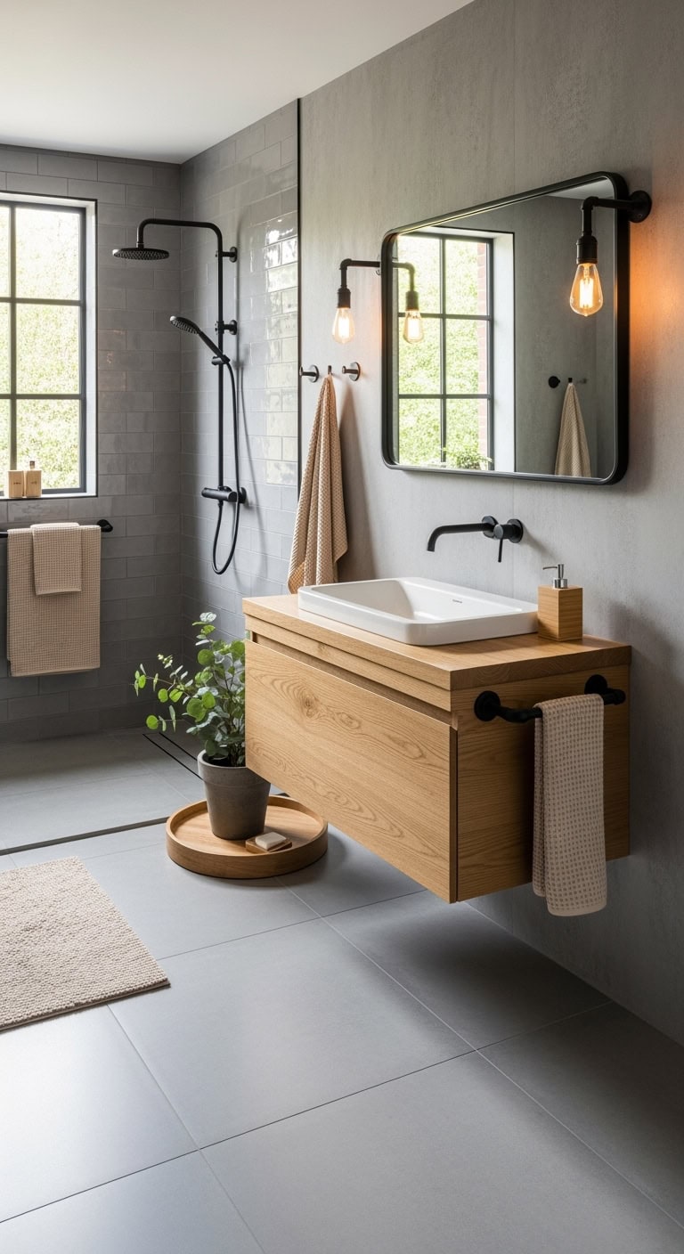 industrial concrete and beige wood