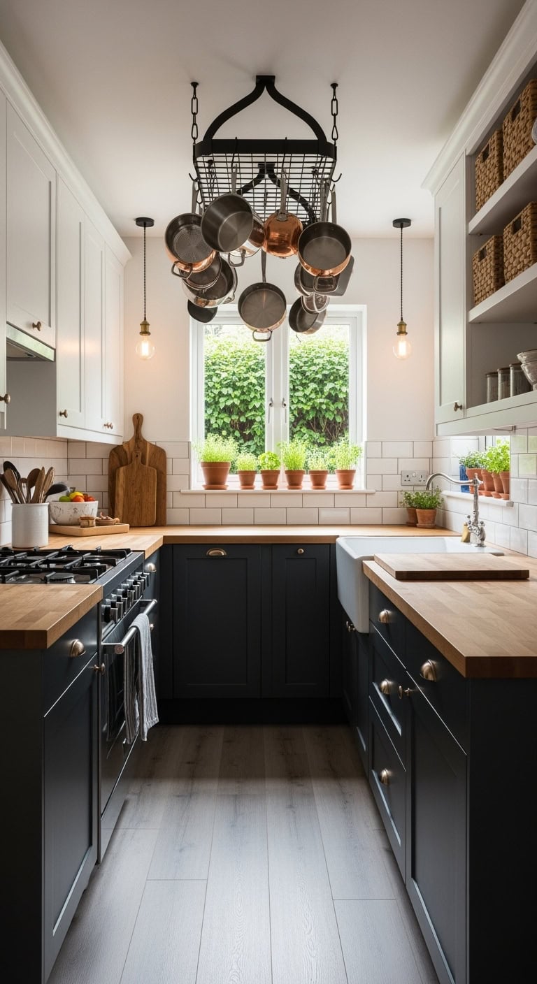 industrial farmhouse overhead cookware storage