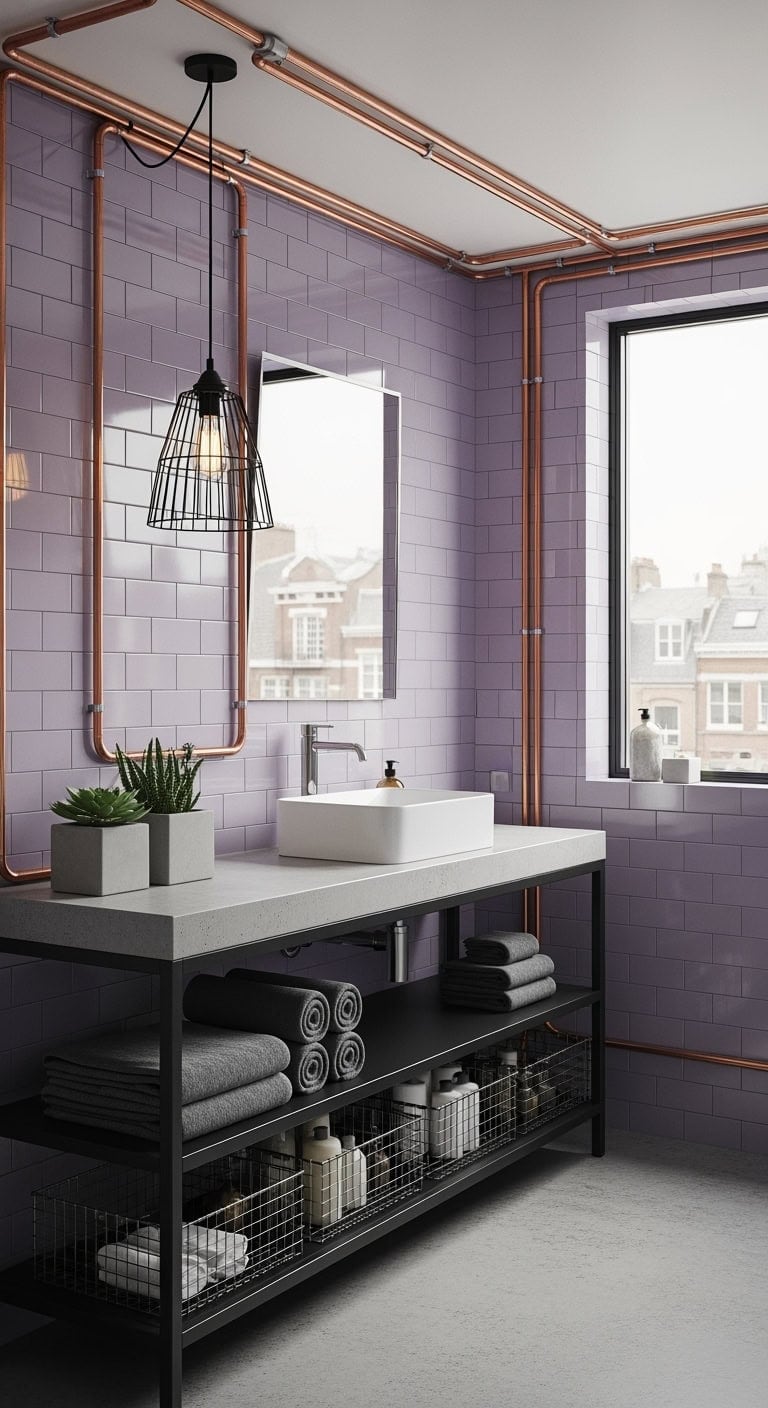 industrial lavender subway bathroom