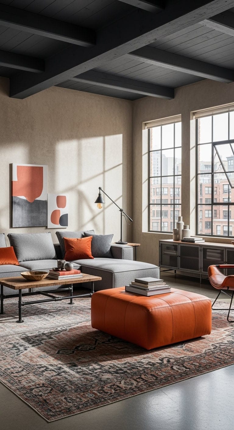 industrial loft with orange ottoman