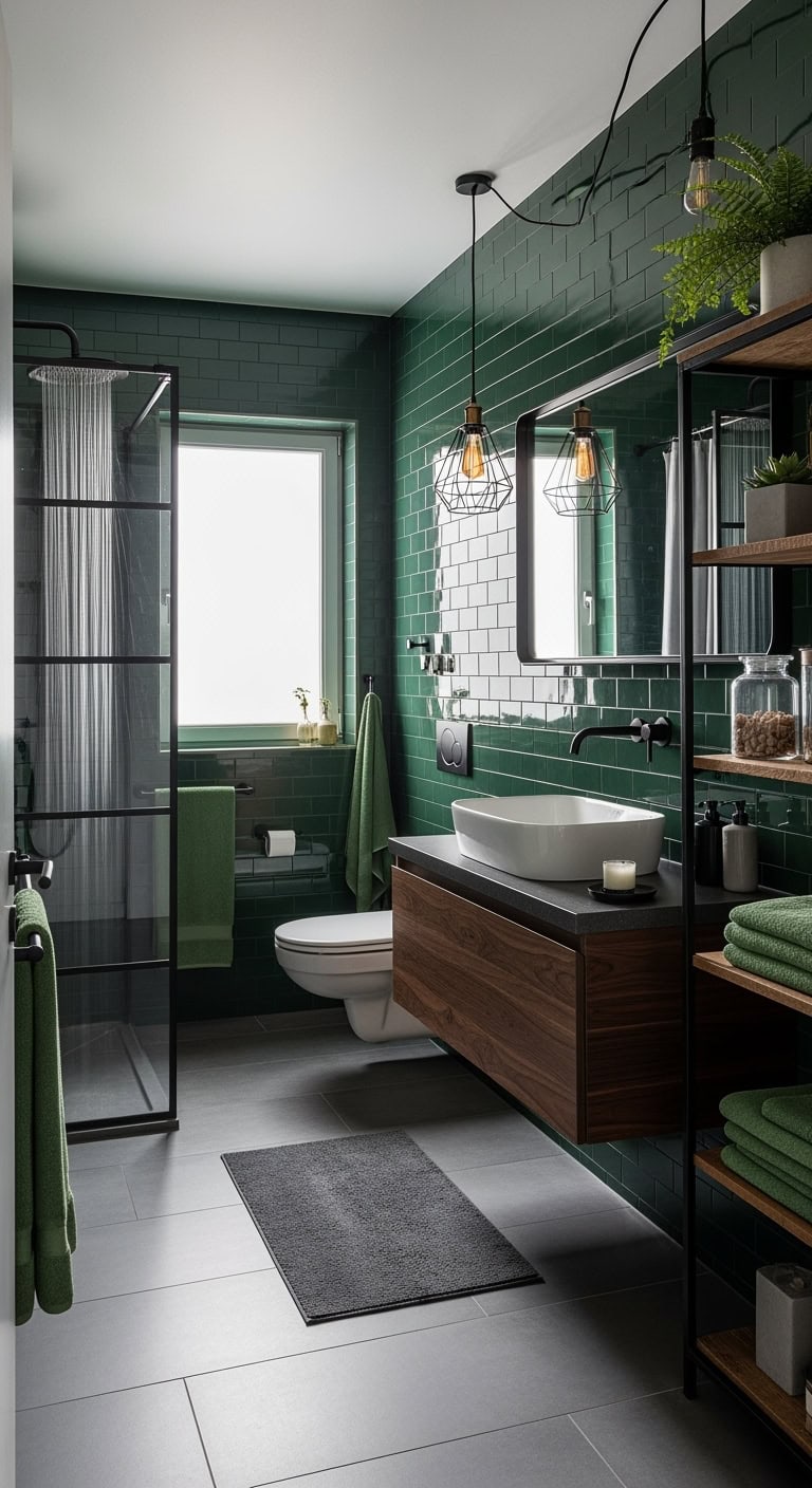 industrial luxe dark green bathroom