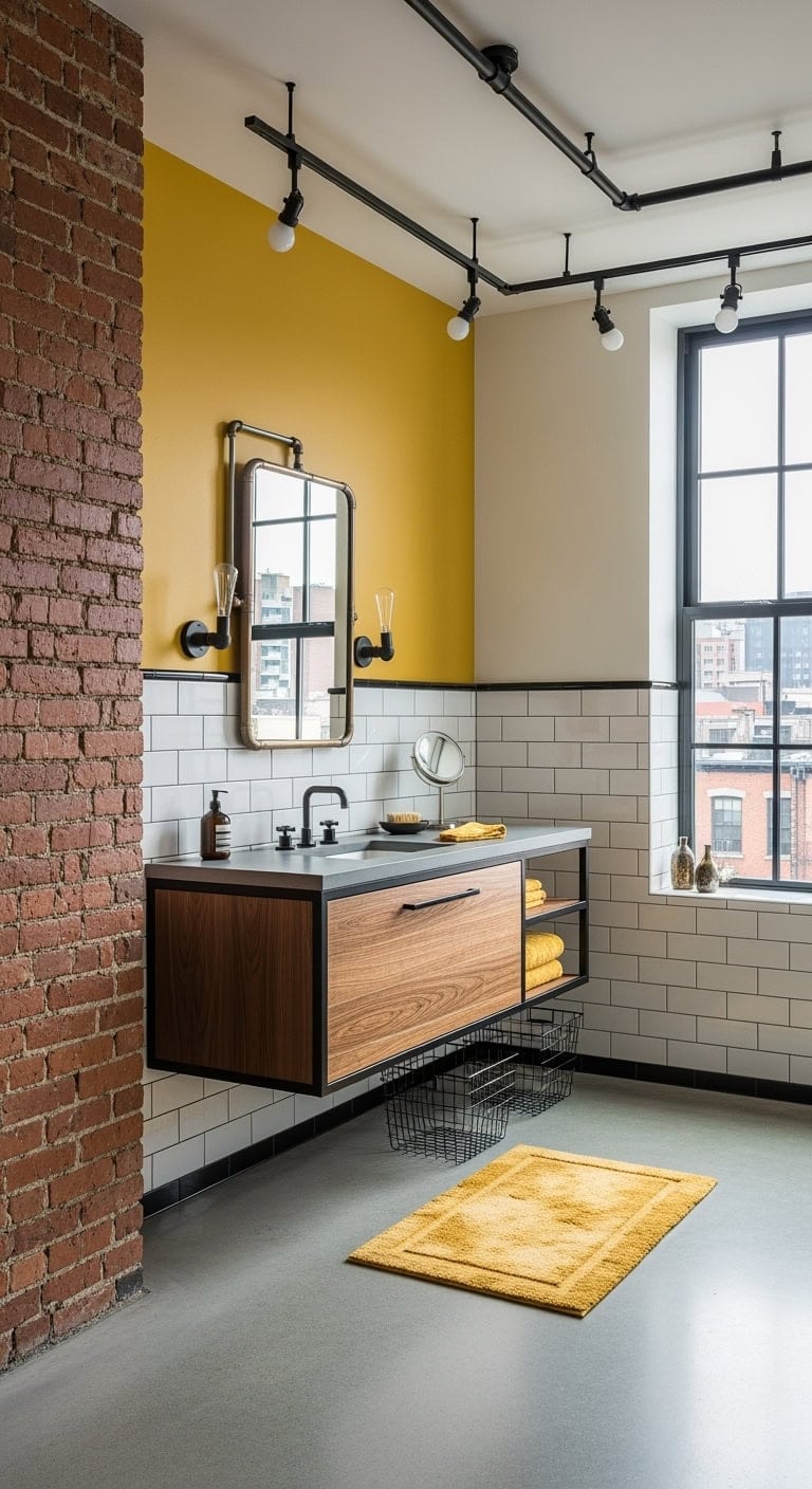 industrial mustard brick bathroom