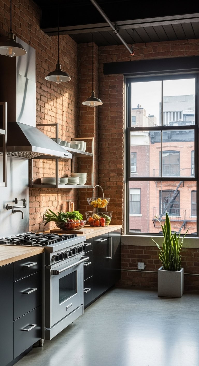industrial terracotta brick kitchen