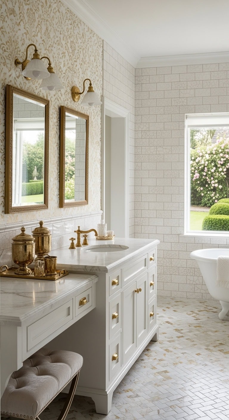 ivory damask bathroom with brass