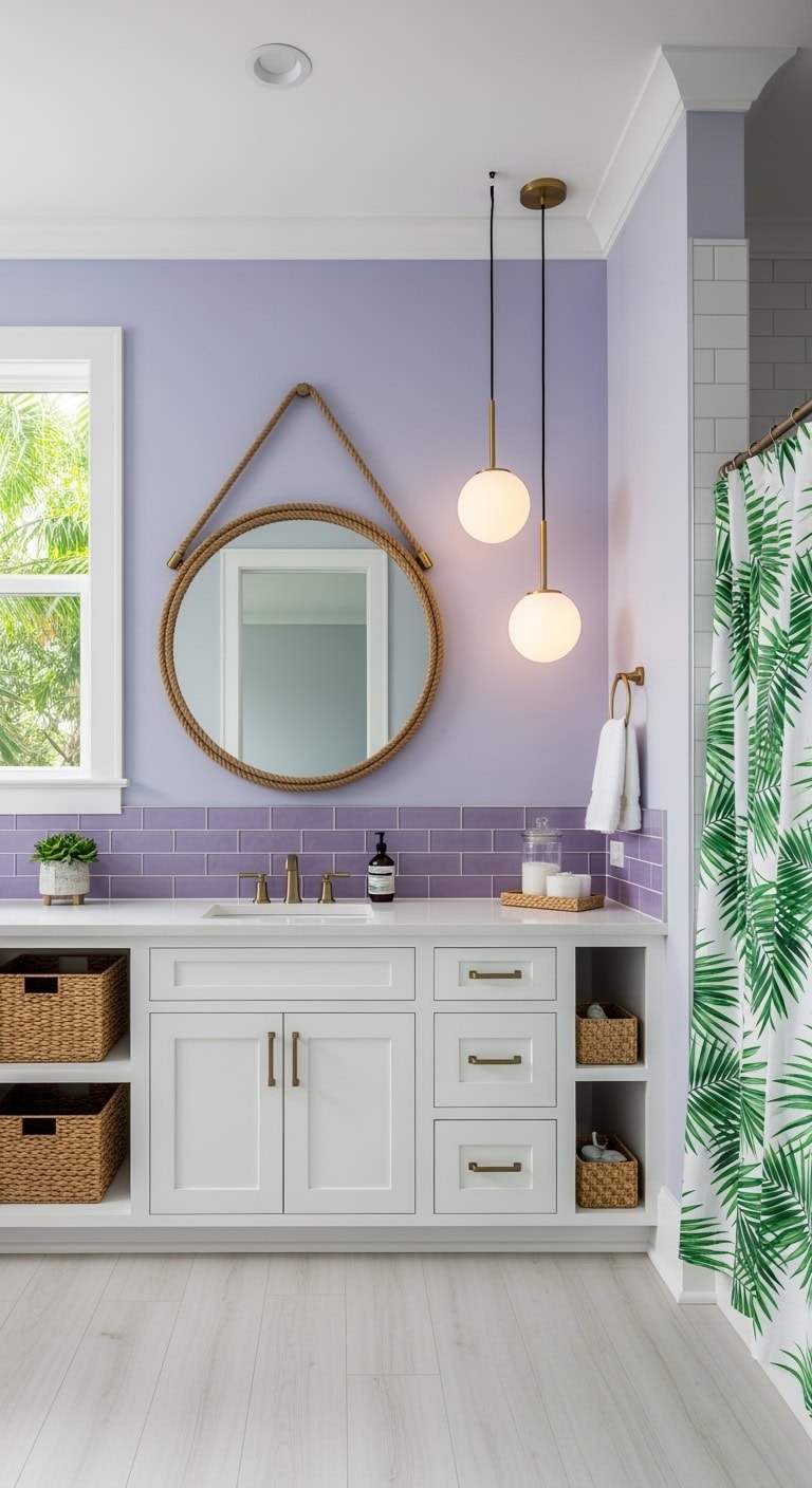 lavender palm tropical bathroom