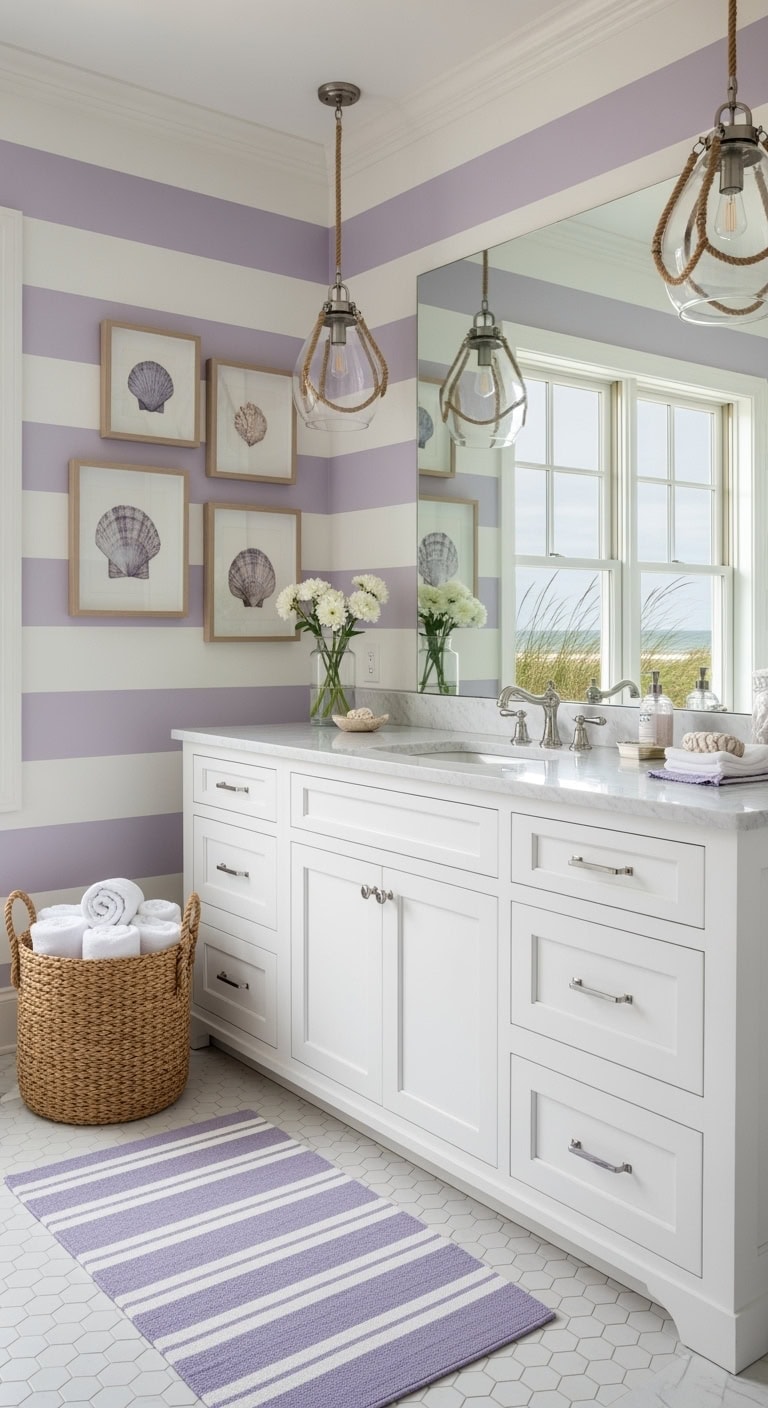 lavender striped coastal bathroom retreat