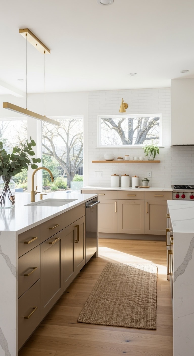 light walnut cabinets gold hardware