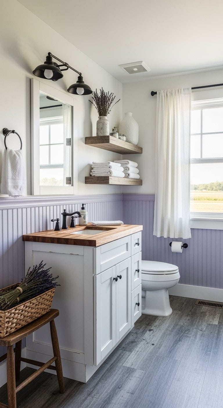 lilac beadboard farmhouse bathroom