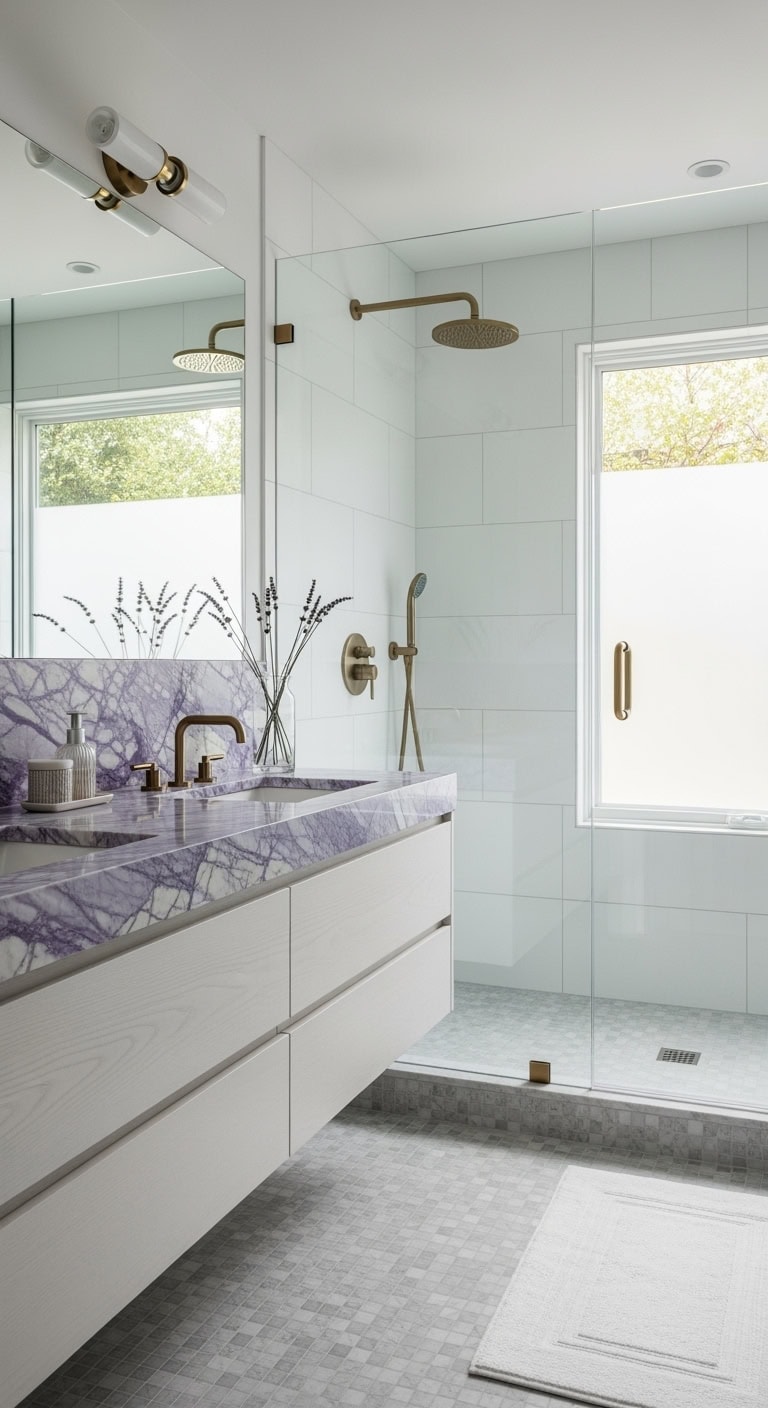 lilac marble spa bathroom