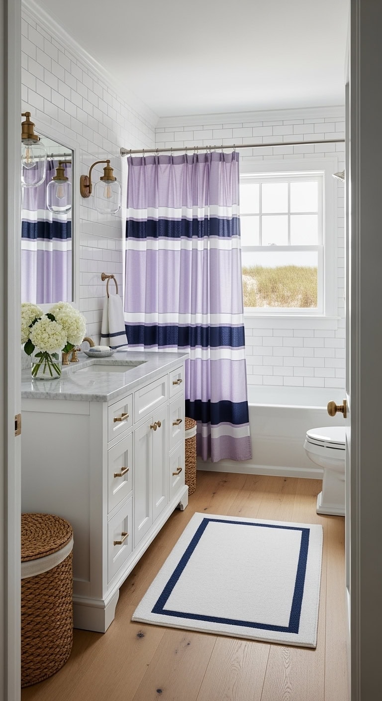 lilac navy coastal bathroom