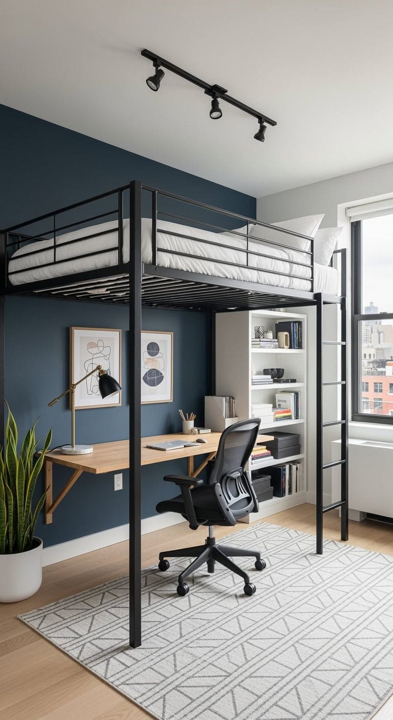 lofted bed workspace setup