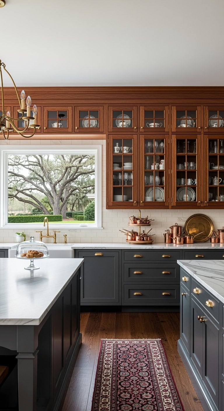 mahogany glass front kitchen cabinetry