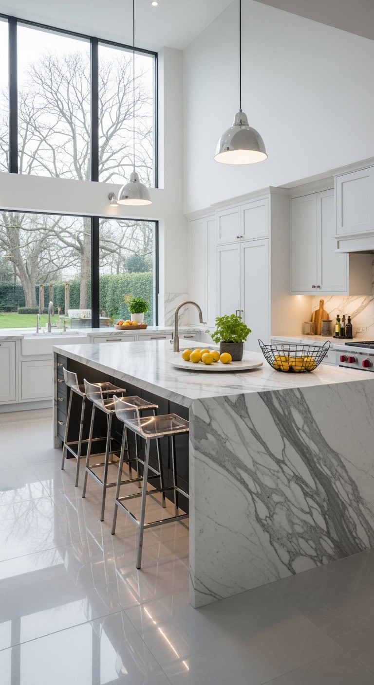 marble waterfall island luxury