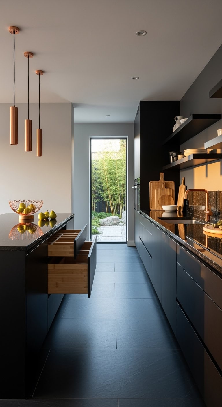 matte black bamboo kitchen with copper