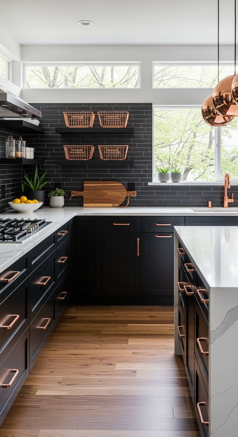 matte black cabinets copper accents