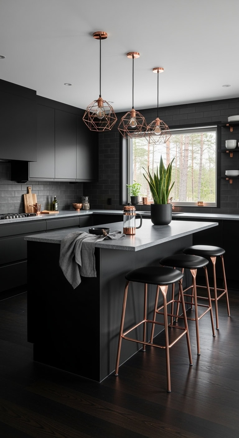 matte black cabinets copper accents