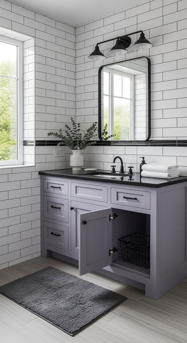 matte lavender cabinets with black
