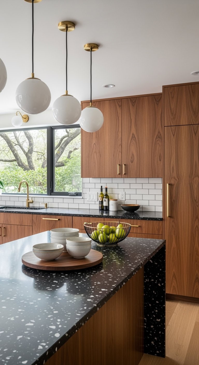 mid century black terrazzo kitchen