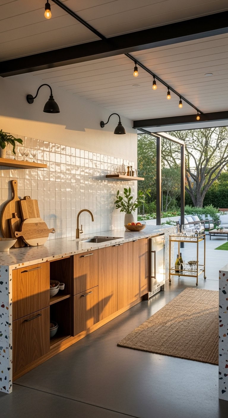 mid century walnut terrazzo outdoor kitchen