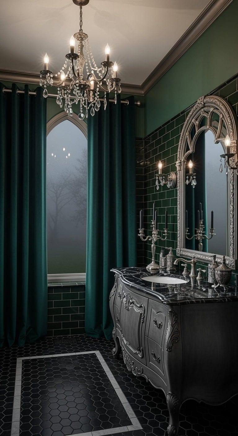 midnight green velvet gothicbathroom