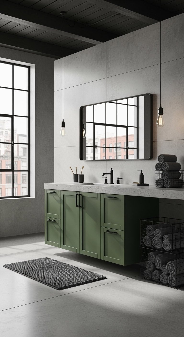 military green industrial bathroom vignette