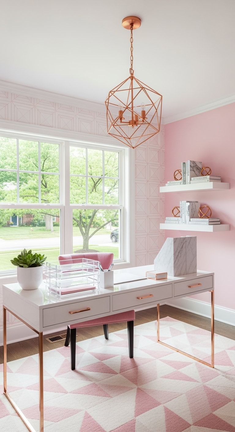 millennial pink geometric workspace