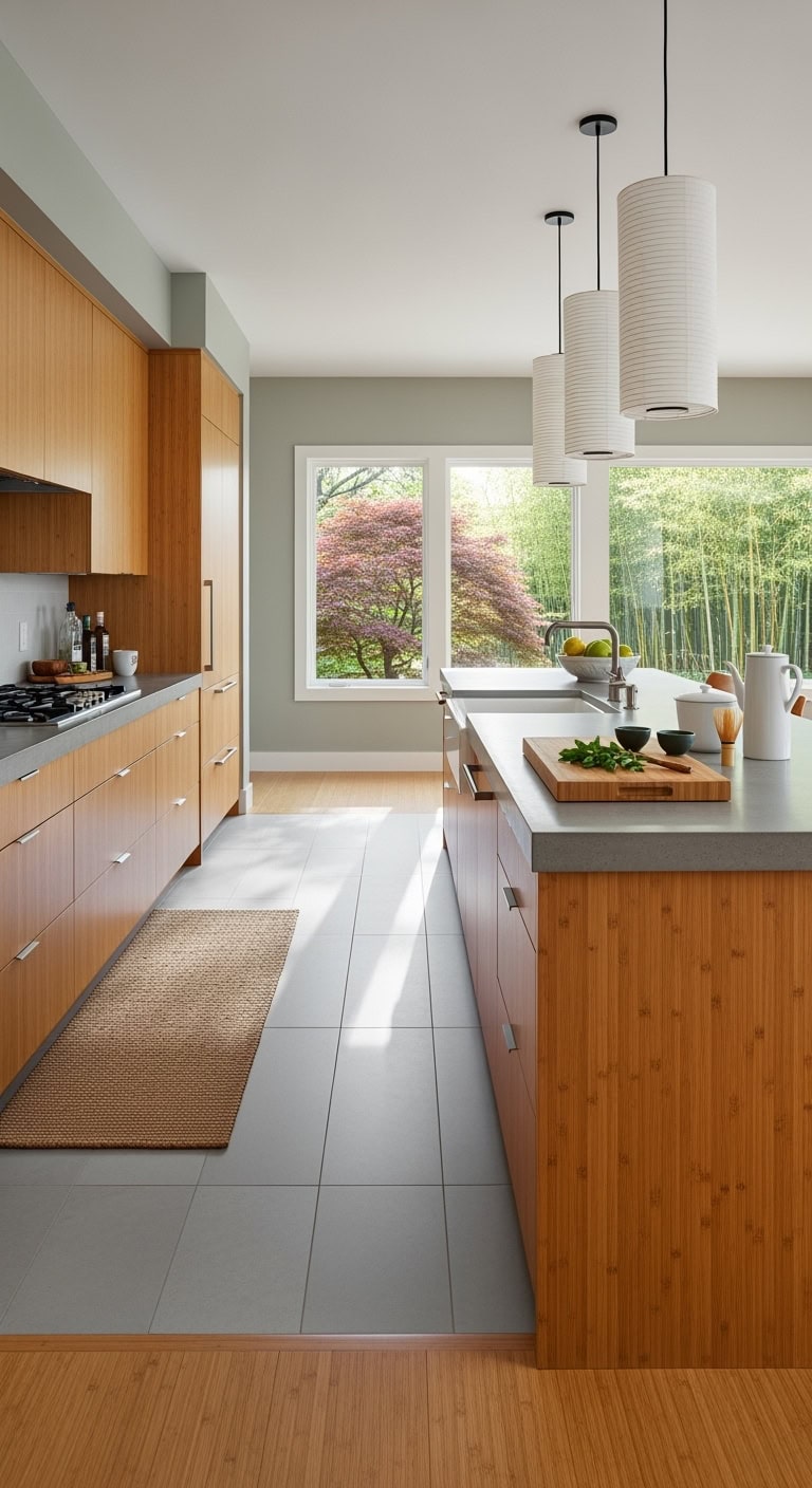 minimalist bamboo concrete kitchen
