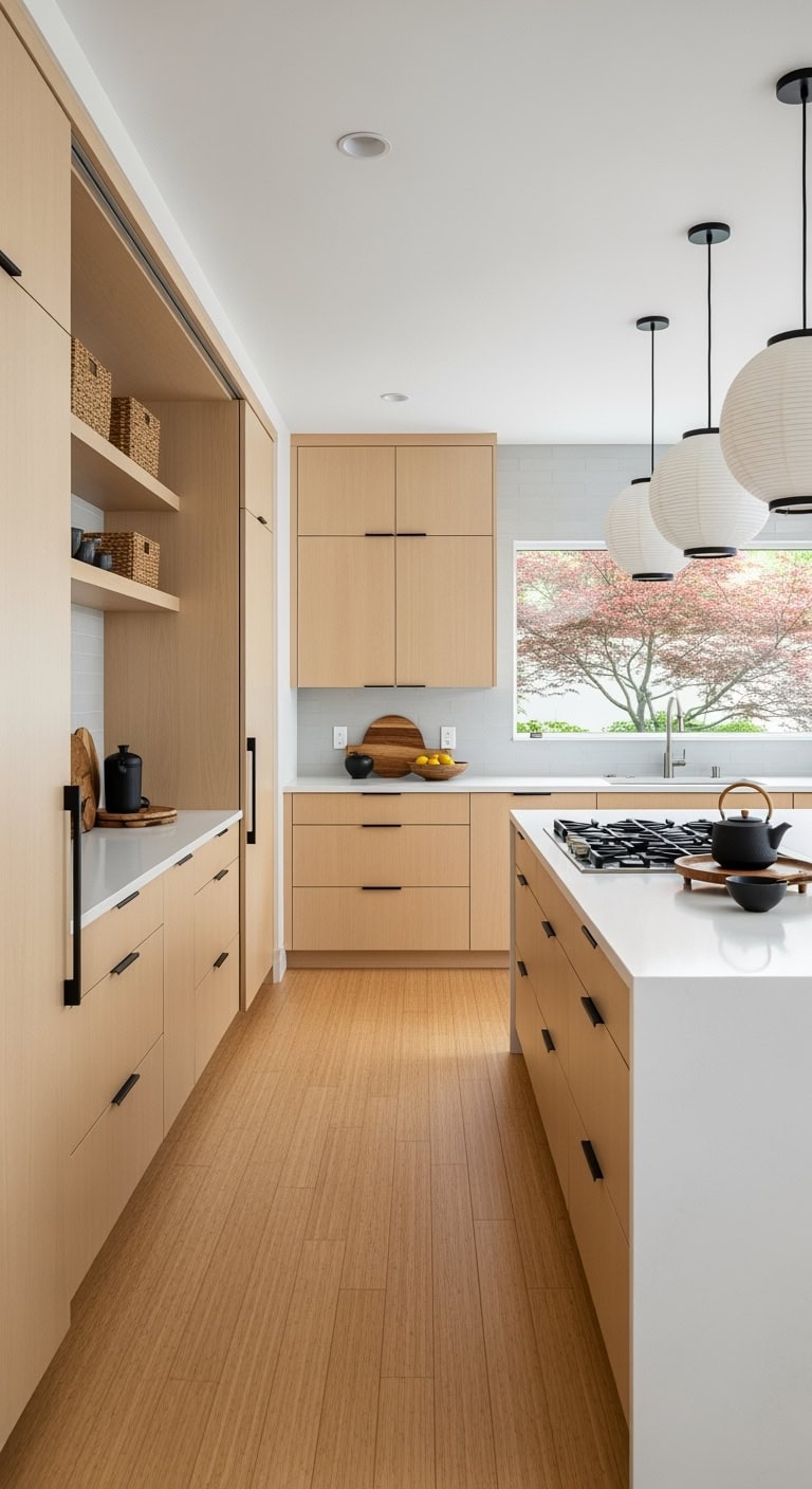 minimalist bamboo sliding panel kitchen