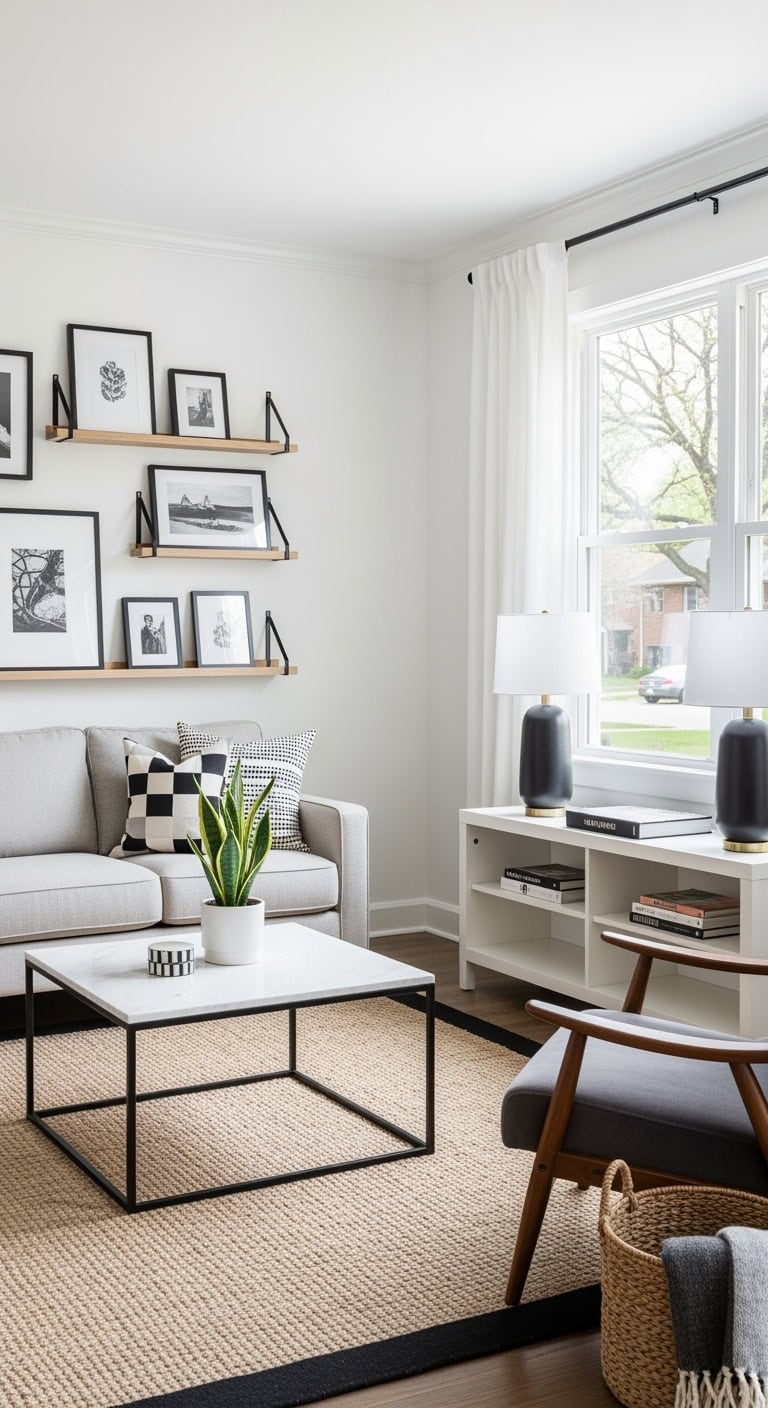 minimalist gallery style floating shelves