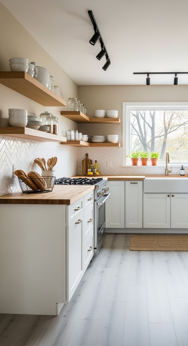 minimalist kitchen with floating shelves