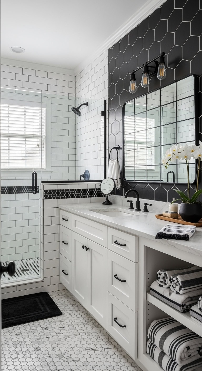mixed tile sized transitional bathroom