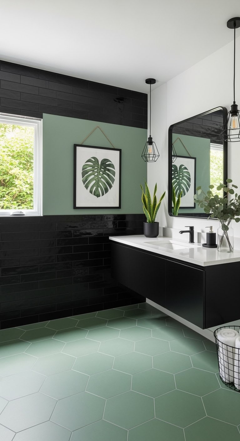 monstera prints black tiles