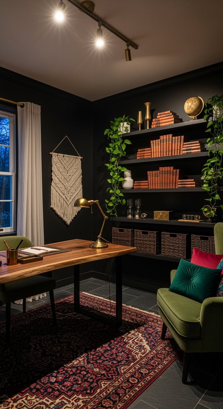 moody black jewel toned workspace