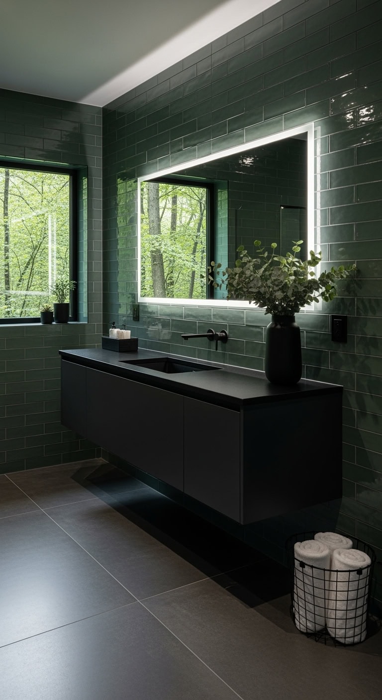 moody charcoal green bathroom