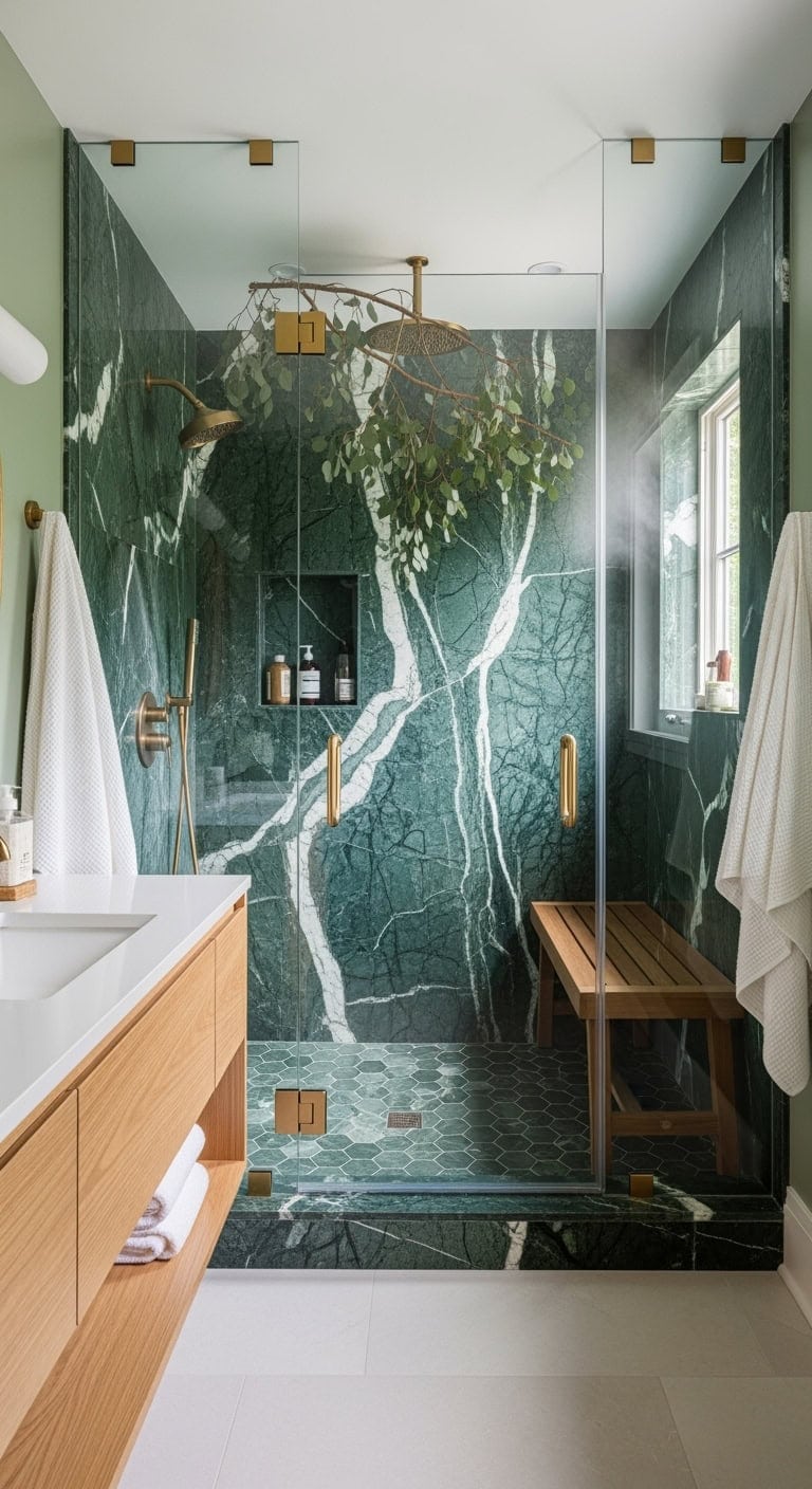 moody forest green steam shower