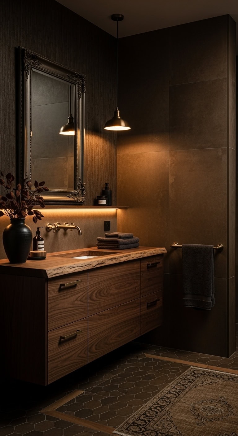 moody layered brown bathroom