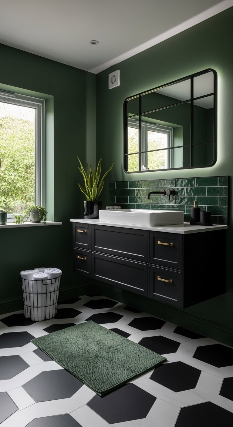 moody pine bathroom with black
