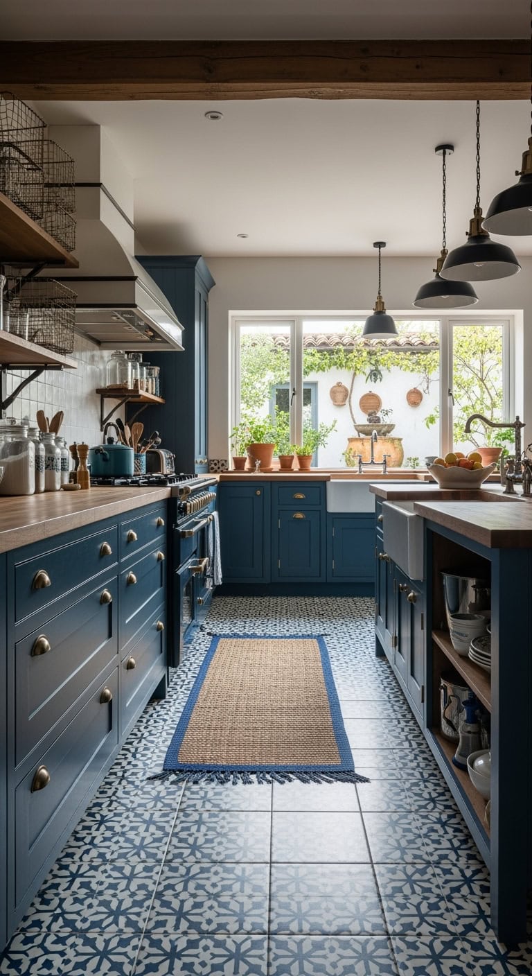 moody vintage blue kitchen