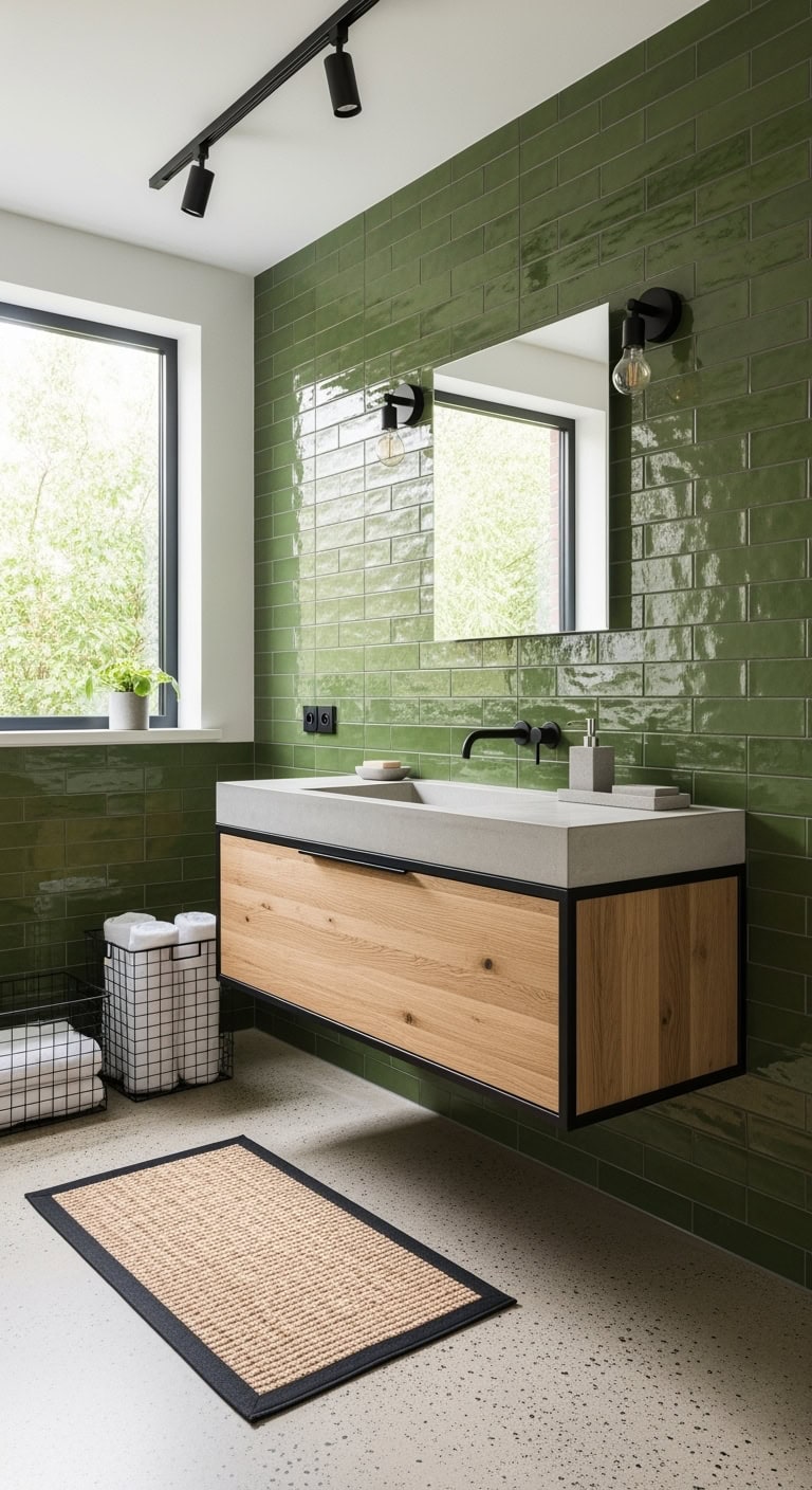 moss green industrial concrete bathroom