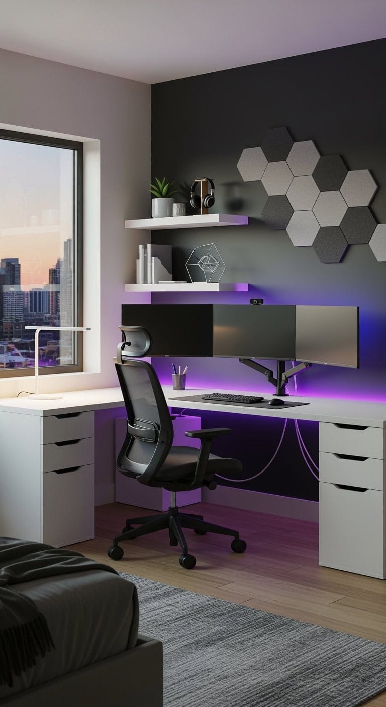 multi monitor led lit workspace