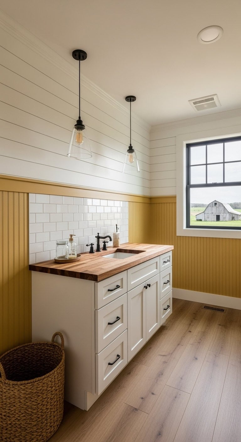 mustard beadboard farmhouse bathroom