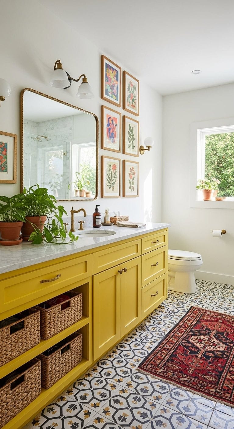 mustard cabinets patterned tiles art