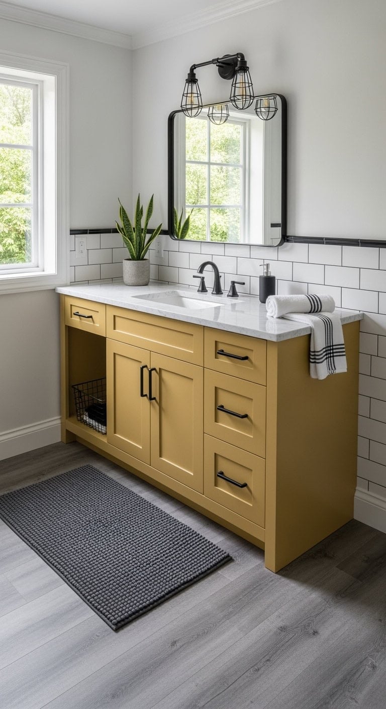 mustard cabinets with black hardware