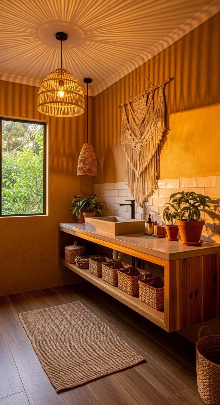 mustard textured boho bathroom