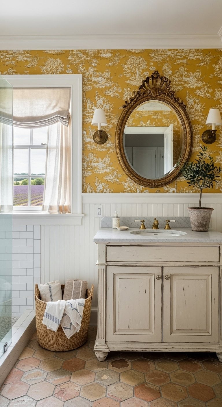 mustard toile french bathroom