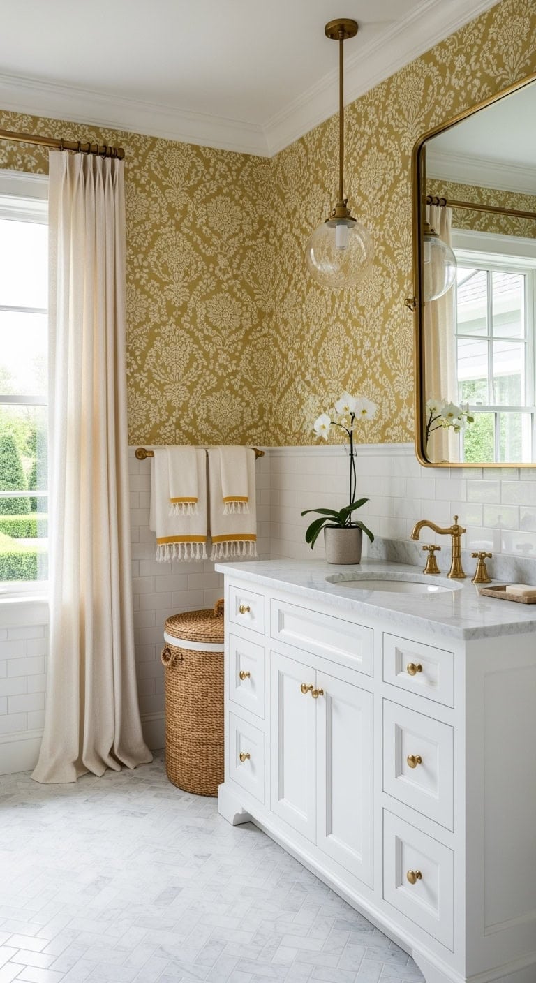 mustard wallpaper with brass